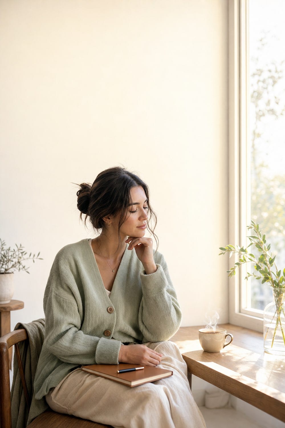 An author sits by a bright window with a closed notebook and pen resting on her lap and a cup of tea gone cold beside her — the unwritten book still only in her head.