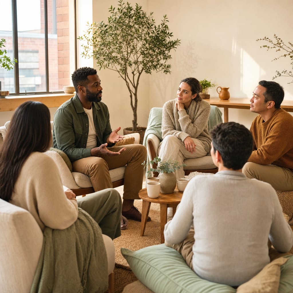 A small group of people in warm, unhurried conversation in a bright, plant-filled living room.