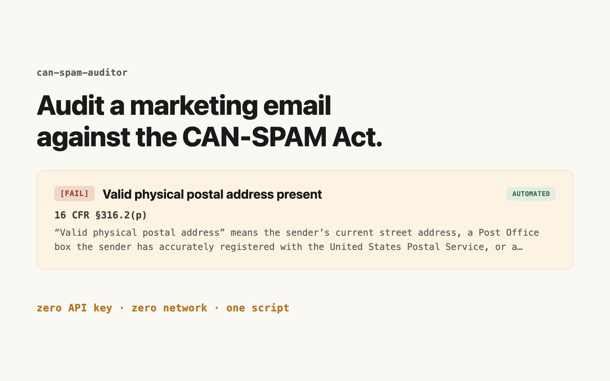 can-spam-auditor's proof page, showing a real audit finding.