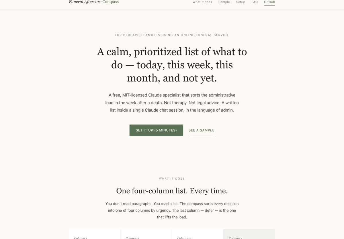 Funeral Aftercare Compass landing page.