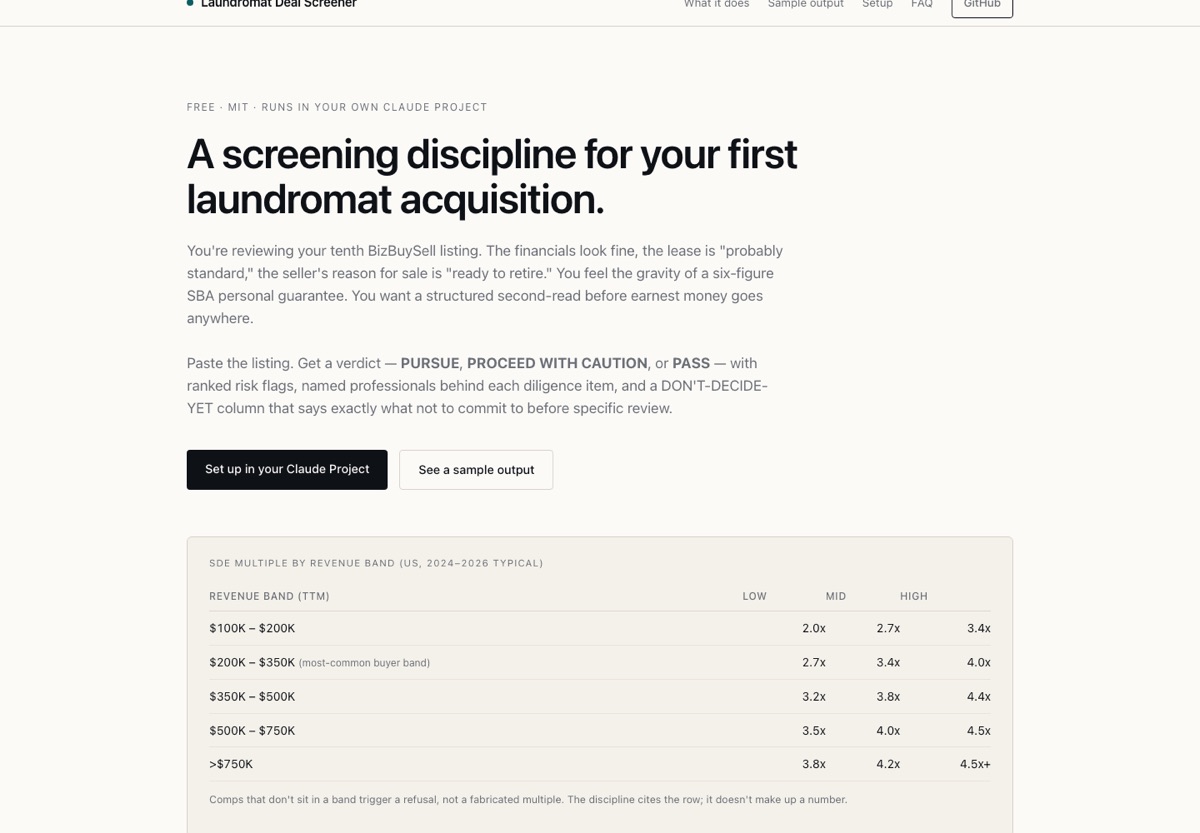 Laundromat Deal Screener landing page.