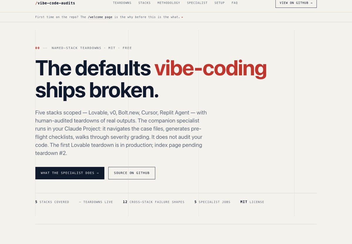 Vibe Code Audits landing page.