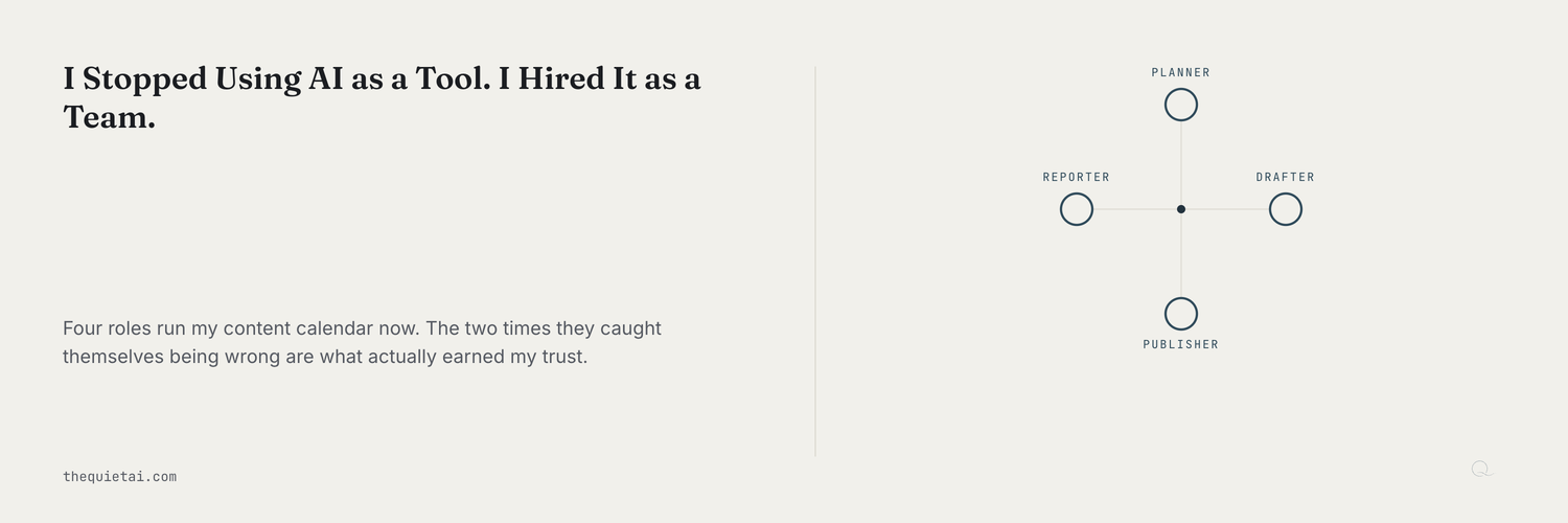 Four named roles — planner, drafter, publisher, reporter — arranged around a center point, the article’s own team.