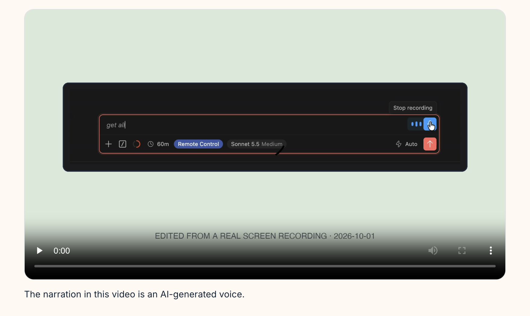 A screenshot of a video player on the Scribe Hands page. The video shows a dark screen recording of a text box with a recording button, labelled “Edited from a real screen recording, 2026-10-01.” Under the player, the line reads “The narration in this video is an AI-generated voice.”