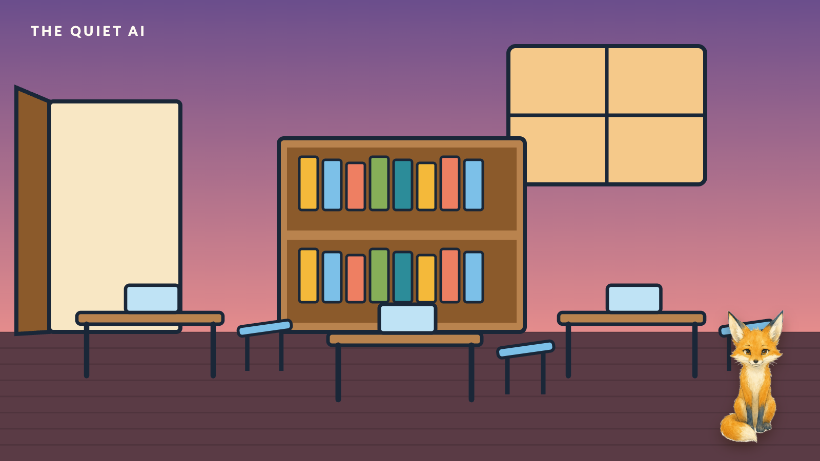 A room after hours: empty desks with their chairs pulled out, a bookshelf of folders, and a small fox sitting by the door.