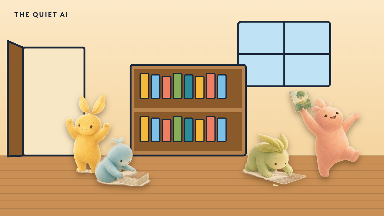 A room with an open door: four small creatures walk in toward a shelf of colour-coded folders in the middle.