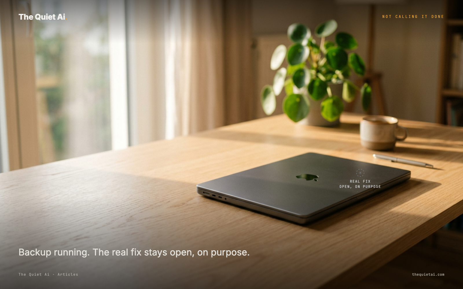 A closed laptop in warm morning light. One small open glyph on its lid reads REAL FIX — OPEN, ON PURPOSE — the local job is back on as a backup, sharing one record with the cloud job.