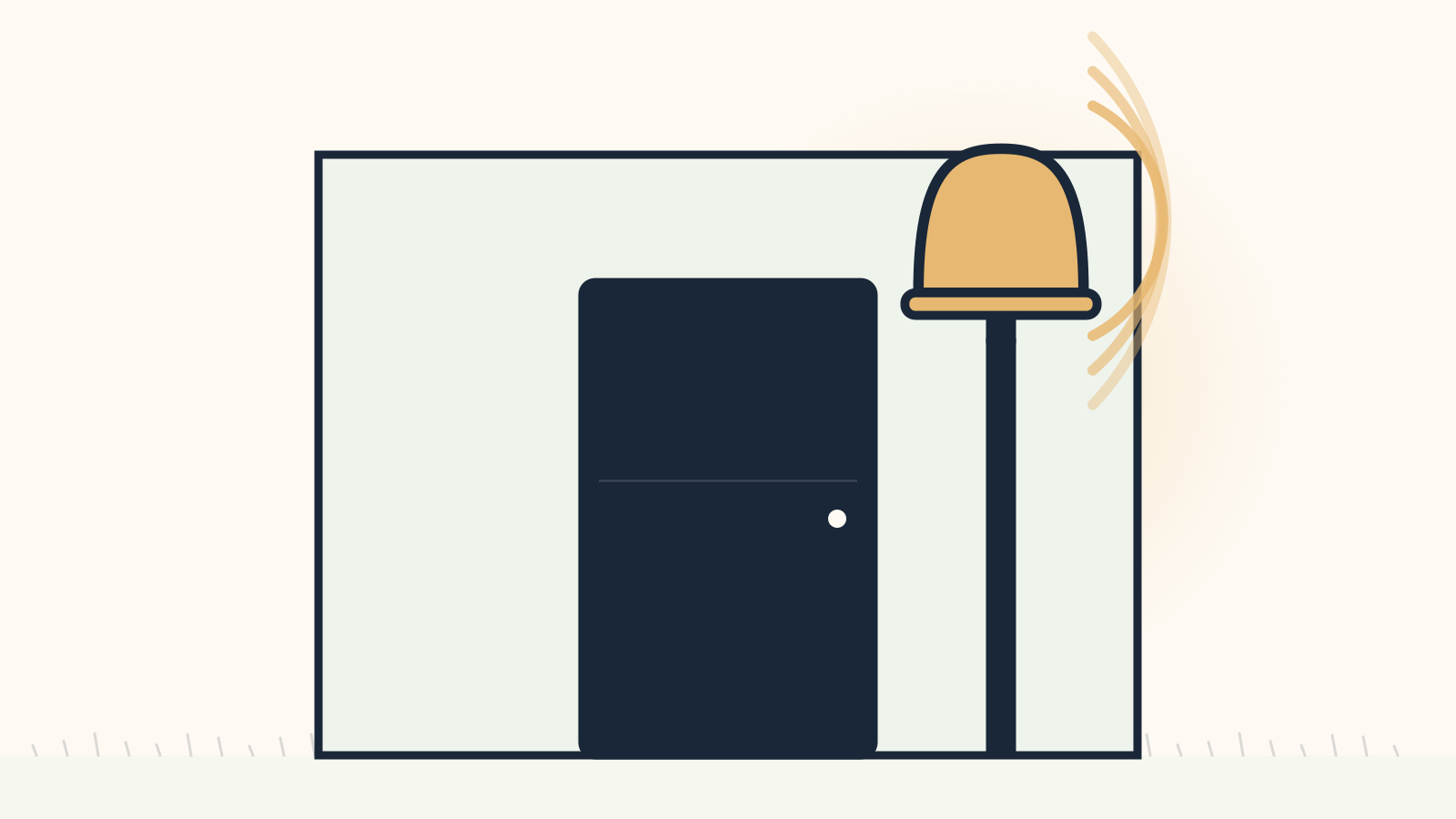 A bell on a post beside a house’s front door, mid-ring, the door shut firmly behind it.