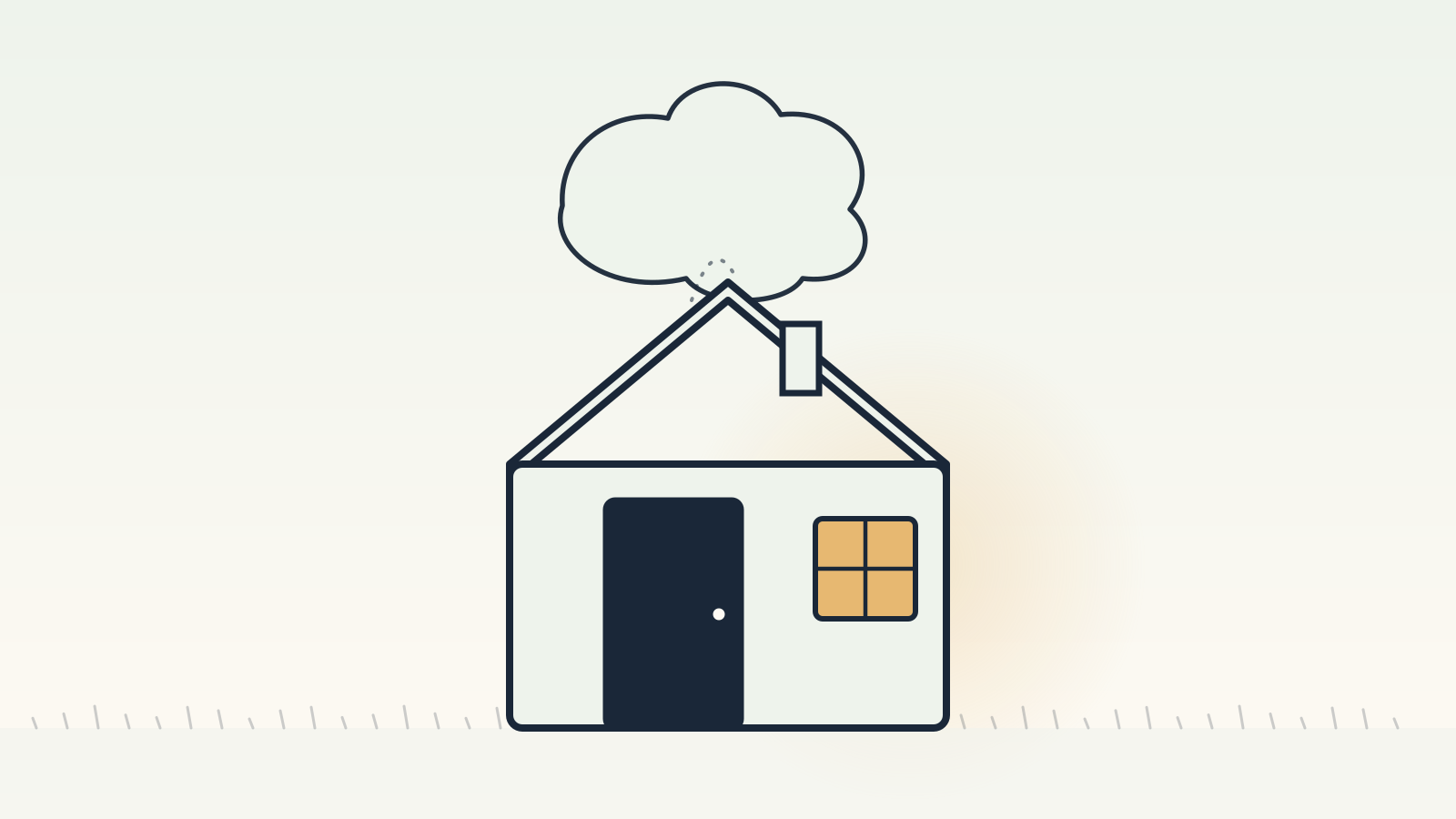 A small house at dusk with one warm-lit window, a single soft cloud shape connected to it by a thin line.