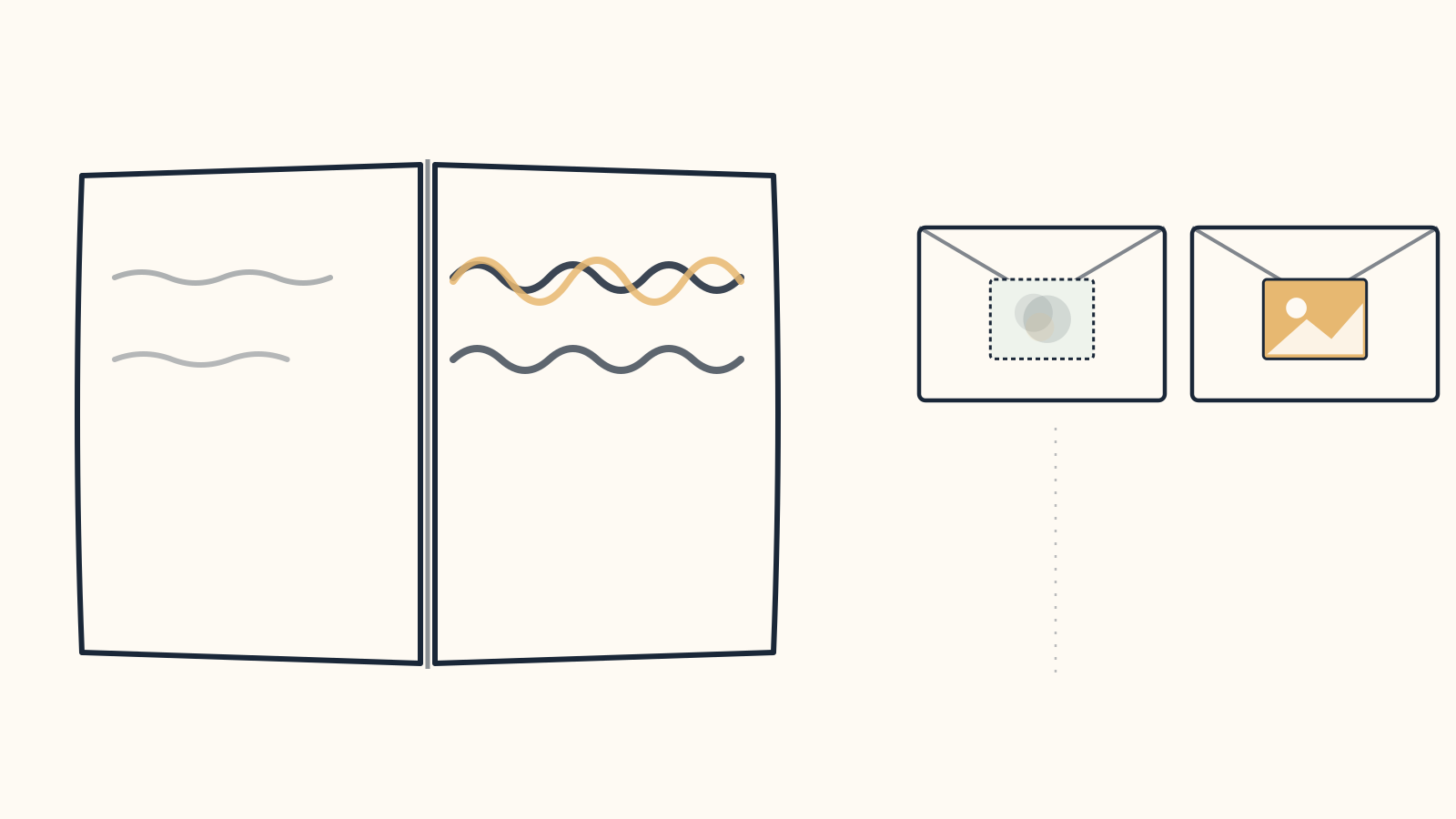 An open diary with two sets of handwriting jammed together on one page, beside a letter with a blank, faceless picture taped where a real one should be.