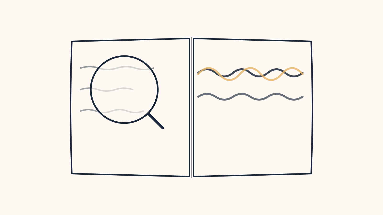 The same jammed diary page, with a magnifying glass positioned over a different, calm page instead.