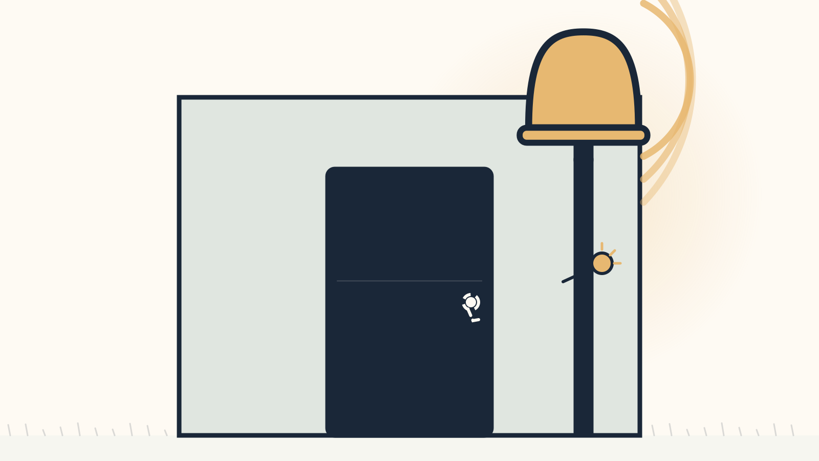 The same bell and shut door, now with a small lit warning lamp beside the bell, and the key visibly missing from the lock.