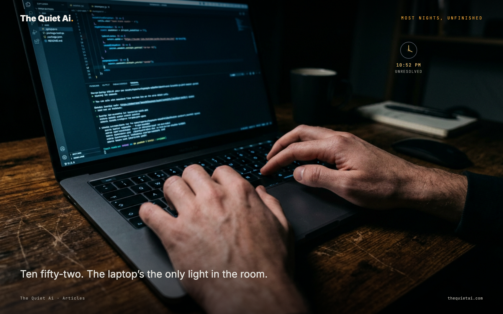 A dark room lit only by a laptop screen, hands typing at the keyboard, no head or body in frame.
