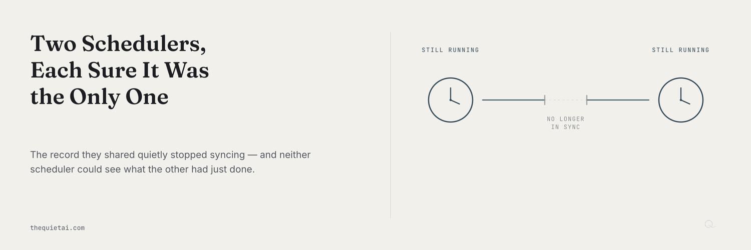 Two identical clock icons on opposite ends of a thin line that’s broken in the middle — two schedulers, no longer in sync, each still running.