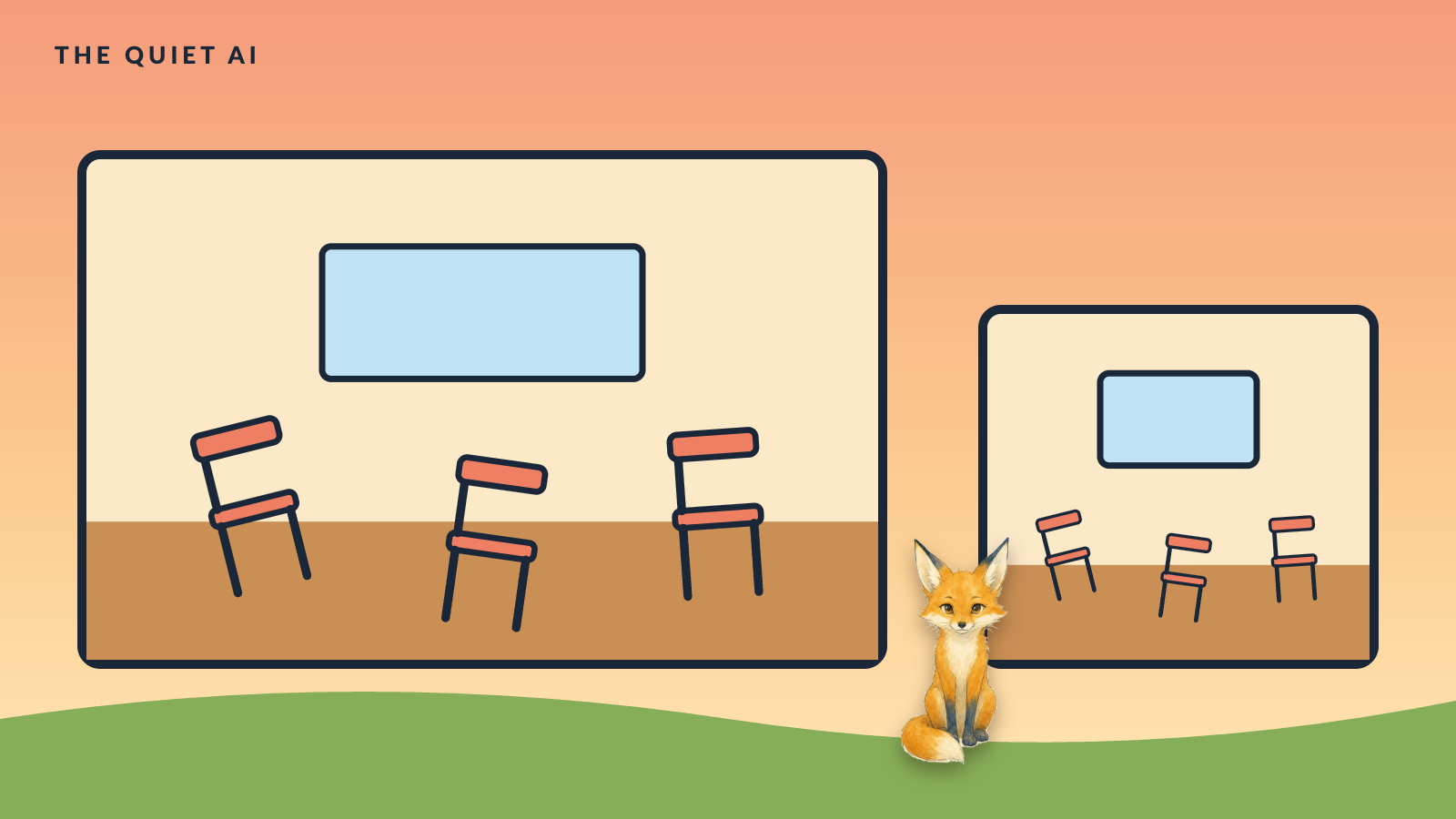 Two rooms of different sizes, each with the same three chairs pulled out, and a small fox sitting outside.