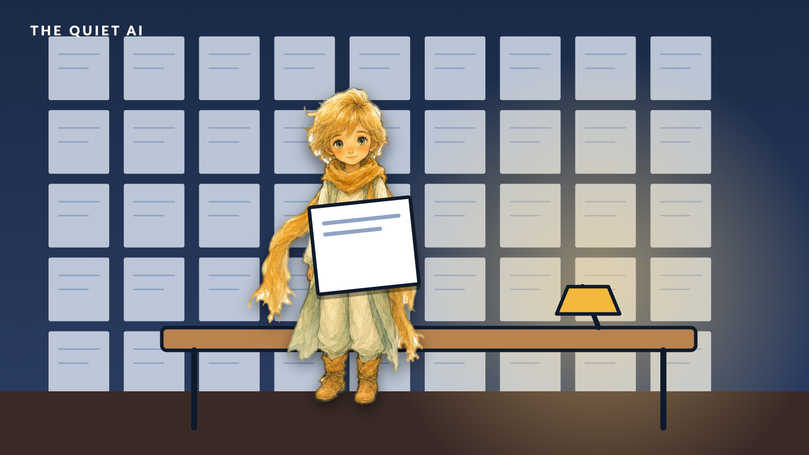 A young person at a small desk holds up a single page while looking at a wall of identical pages; one small lamp is on.