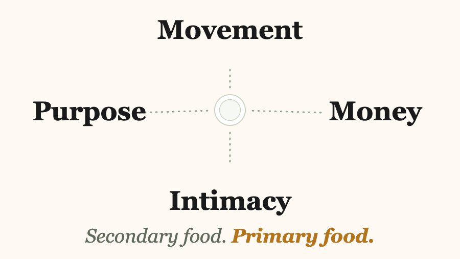 A plate shrinks to one small circle while the labels Movement, Money, Intimacy and Purpose pop in around it, captioned “Secondary food. Primary food.”