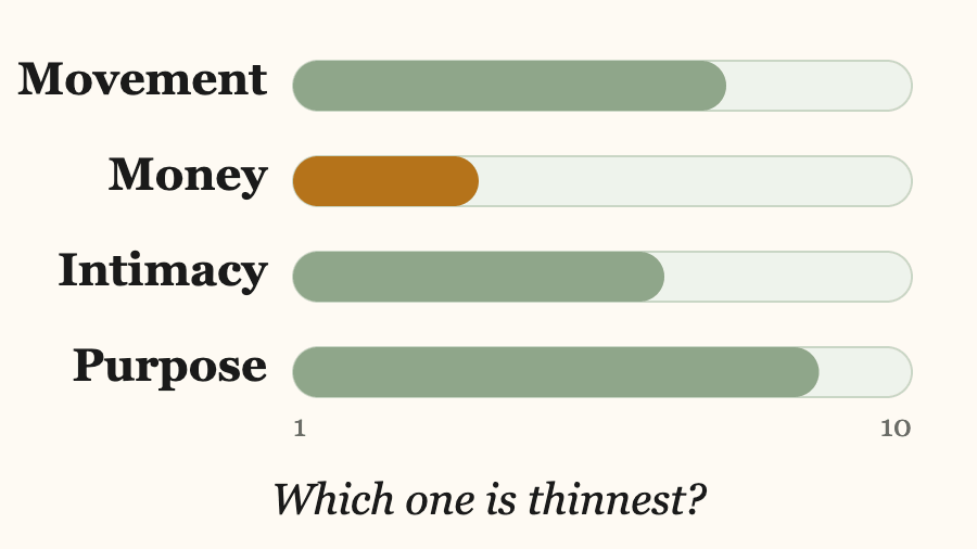 Four horizontal bars labelled Movement, Money, Intimacy and Purpose fill to different lengths on a scale of 1 to 10, and the shortest one wiggles, captioned “Which one is thinnest?”
